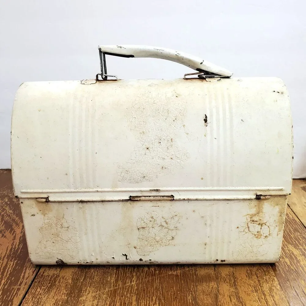 Vintage White Metal Dome Top Lunch Box Industrial Workman Pail Pre-1970 Patina